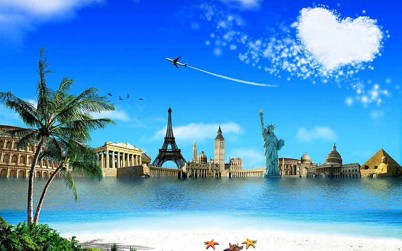 WONDERS of the WORLD, the statue of liberty, the airplane, creative, starfish, sea, the colosseum, the sphinx, sand, the sky, eiffel tower, the heart, the pyramid, palm tree, HD wallpaper