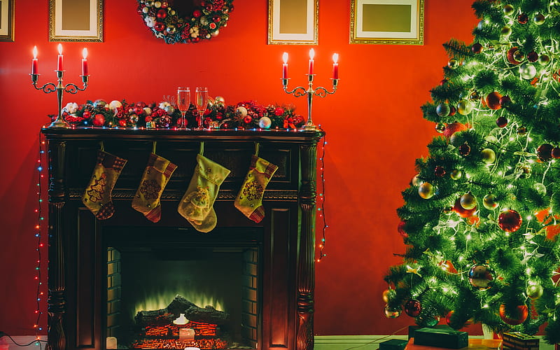 Christmas tree, fireplace, fire, evening, Christmas, 2018, New Year, HD wallpaper