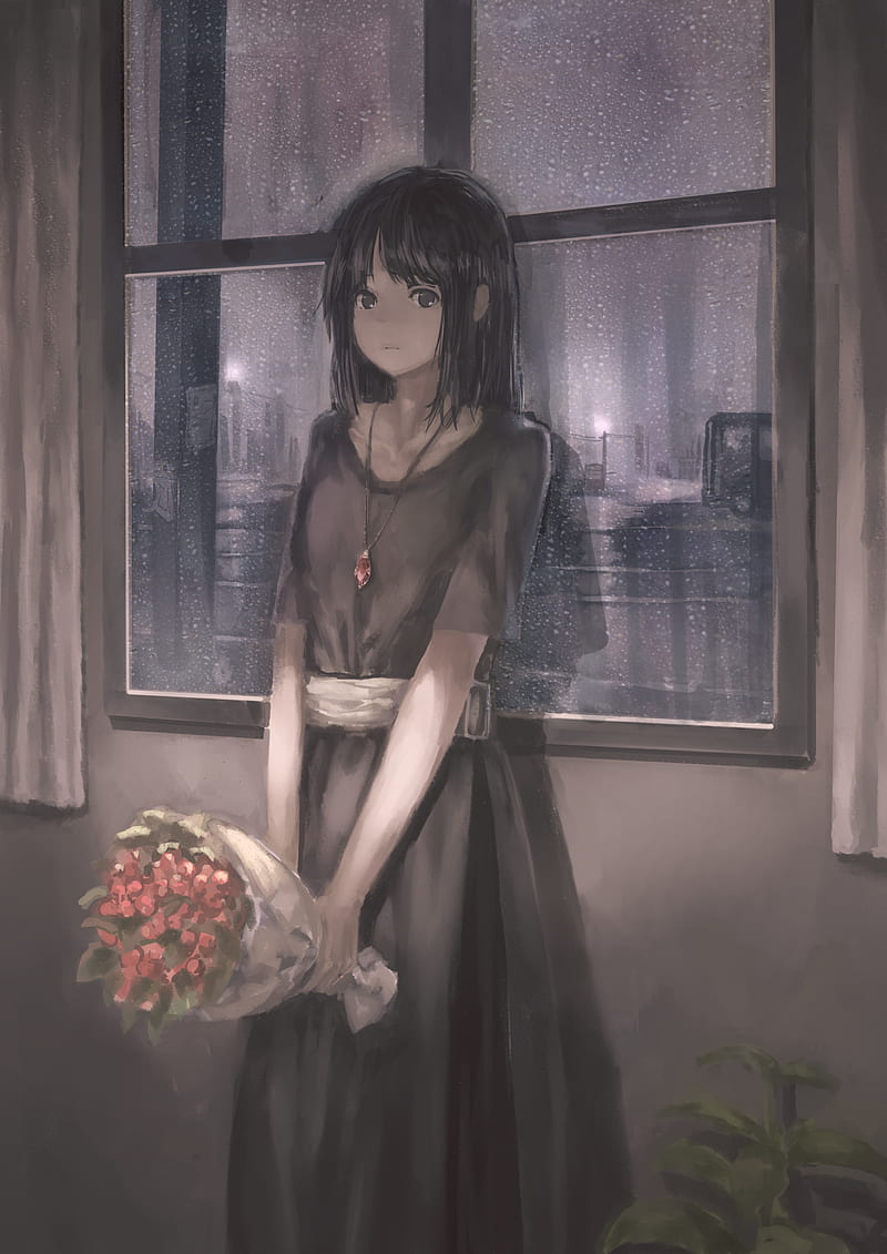 anime, anime girls, dark hair, necklace, flowers, window, HD phone wallpaper