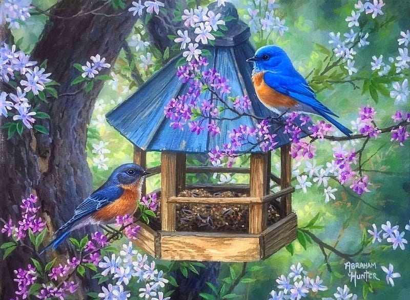 Dinner for Two, blue birds, love four seasons, birds, bird houses, paintings, summer, flowers, nature, animals, HD wallpaper
