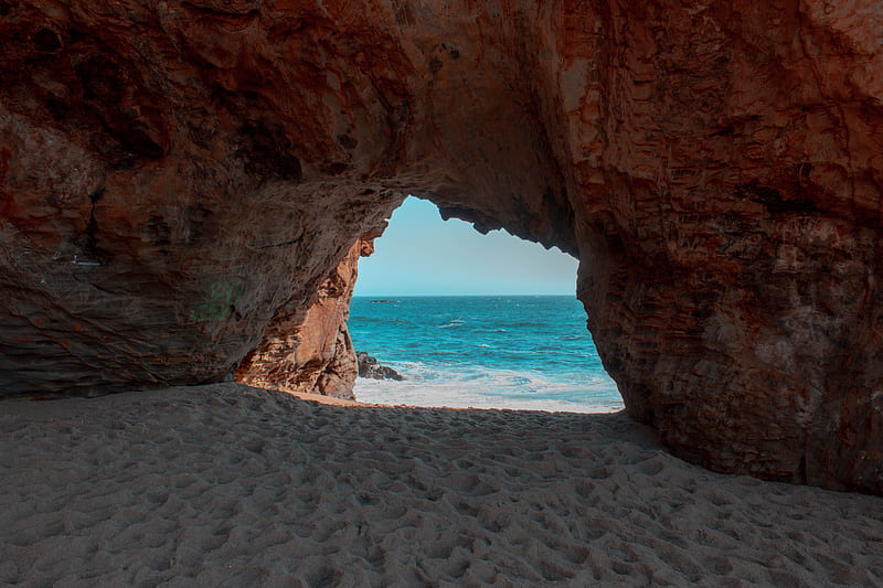 beach, rock, cave, sea, sand, water, HD wallpaper