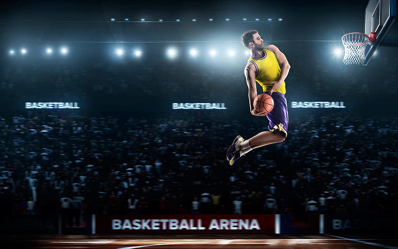 basketball, concepts, basketball stadium, match, athlete, slekm dunk, basketball player in the air, HD wallpaper