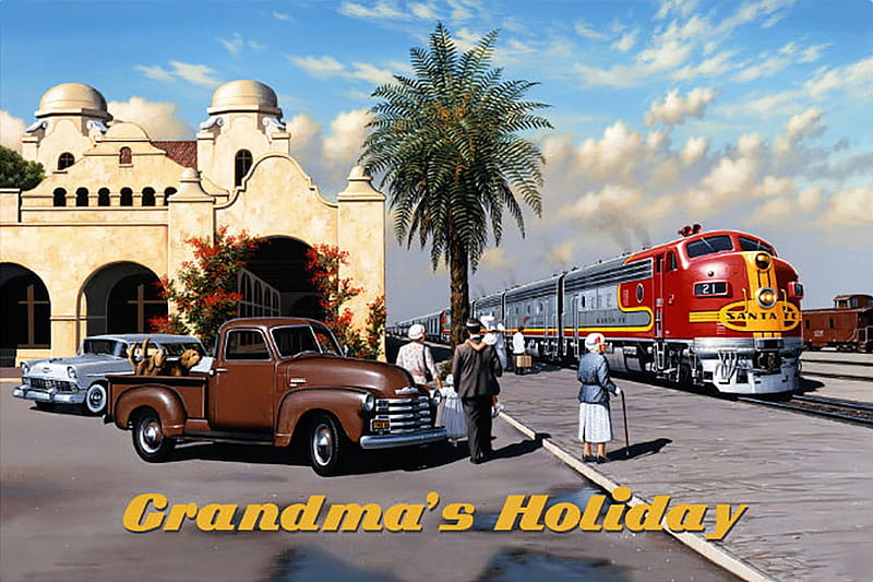 Grandma's Holiday, tree, train, holiday, pick up, santa fe, station, HD wallpaper