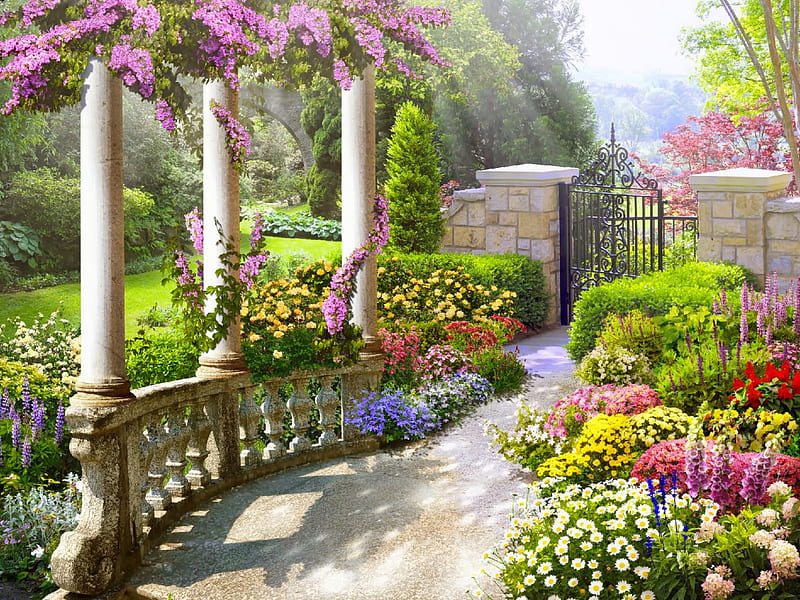 Rialto garden, gate, colorful, art, bonito, spring, park, wisteria, door, alleys, arch, paradise, summer, flower, garden, walk, HD wallpaper