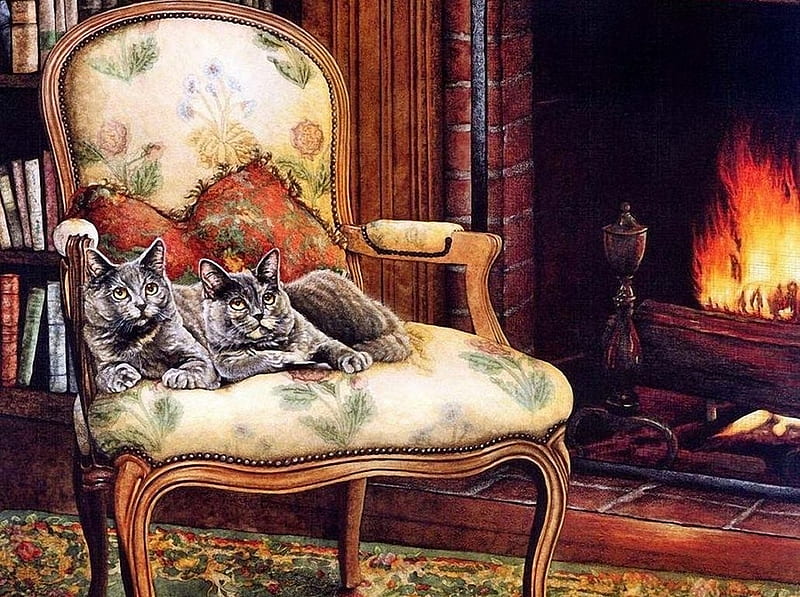 cats-art-home-chair-kitten-painting-cat-sueellen-fire russian-blue, Stuhl, Freunde, Cats, Kamin, Deutschland, Feuer, HD wallpaper