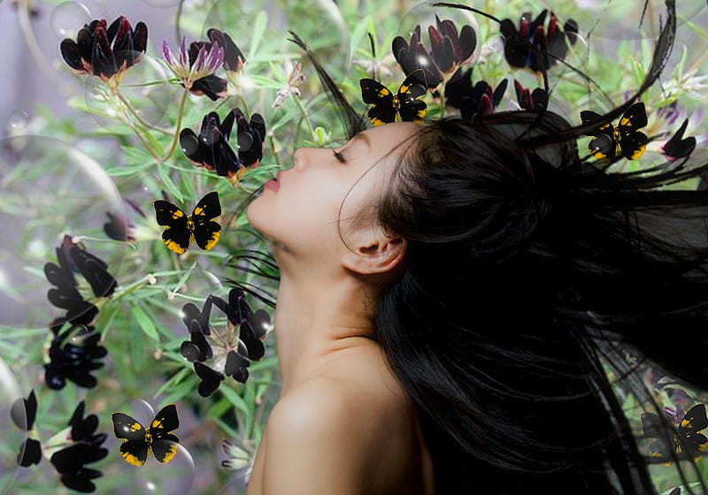 Ethereal Among Black Flower Lotus, butterflies, bonito, delicate, gorgeous, pretty, stunning, lovely, grandma gingerbread, etheral women, Flickr, Ethereal Among Flower Lotus, HD wallpaper