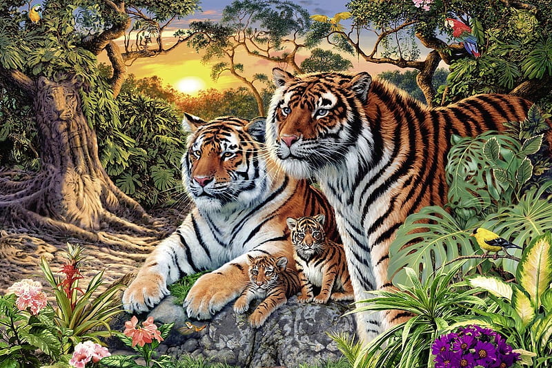 Tigers, cute, family, fantasy, luminos, big cat, cub, tigru, tiger, HD wallpaper