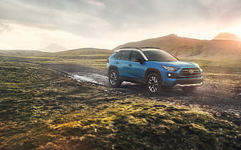 Toyota RAV4, 2019, crossover, new blue RAV4, front view, exterior, Japanese cars, Toyota, HD wallpaper