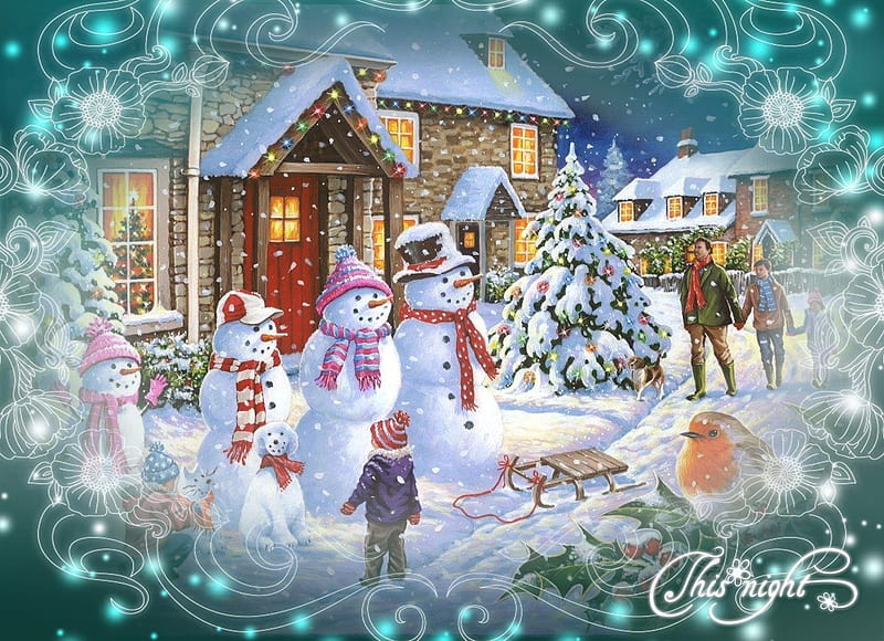 Coming Home, tree, snowmen, robin, christmas, snow, holly, snowman, sled, HD wallpaper