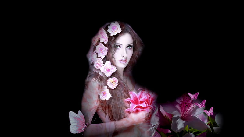 Spring Women Stargazers and Roses, pretty, bold, manipulation, bonito, women are special, bright colors, feminine, flowers, lafemme portrait, lafemme headdress, vivid, lovely, butterflies, roses, lips nails eyes hair art, lillies, creative graphy, HD wallpaper