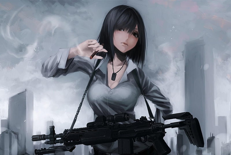 Urban Warfare, female, assault rifle, necklace, smoking, gun, girl, anime, lone, cigar, weapon, black hair, HD wallpaper