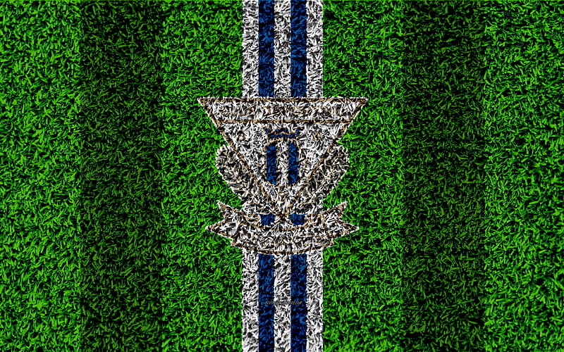 CD Leganes logo, football lawn, Spanish football club, white blue lines, grass texture, emblem, La Liga, Leganes, Spain, football, Leganes FC, HD wallpaper