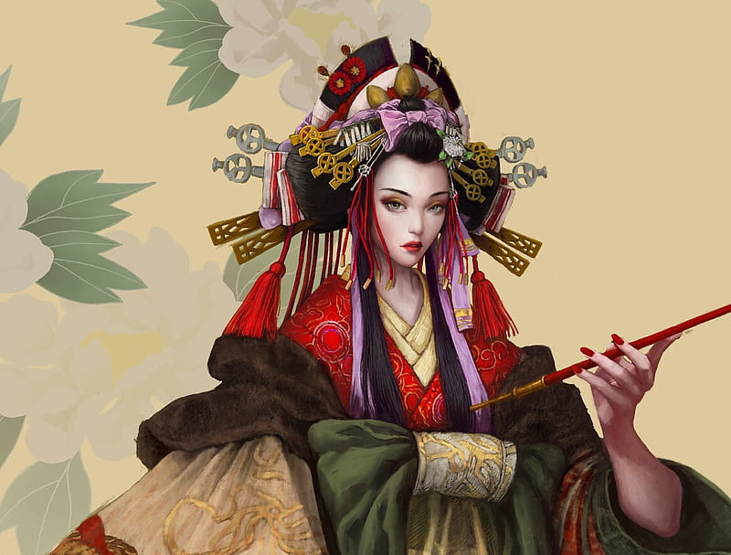Geisha, luminos, girl, lei jiang, pipe, art, red, frumusete, fantasy, green, asian, HD wallpaper
