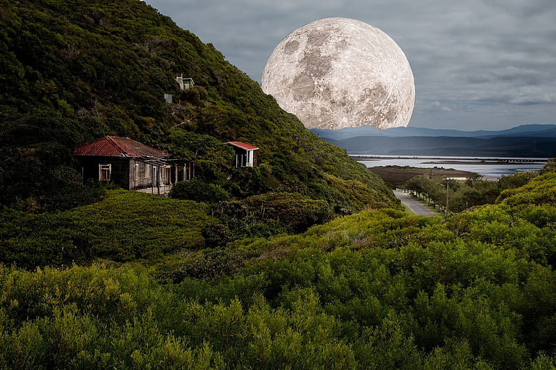 Supermoon, Super Moon, Moon, Ocean, House, Nature, HD wallpaper