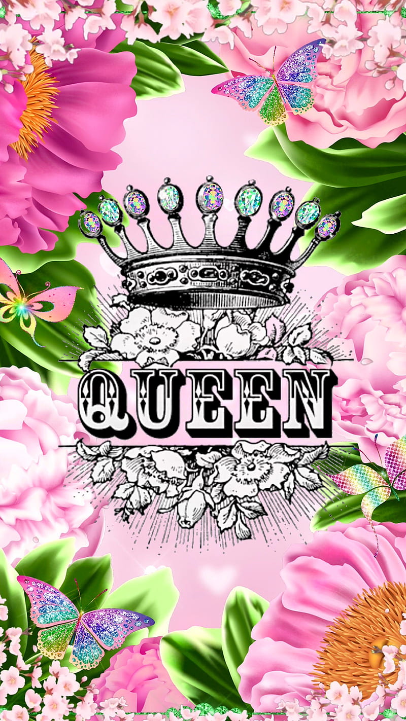 “Pink Flower Queen”, butterflies, crown, flowers, garden, gems, girl , pink flowers, pink , queen, queen, HD phone wallpaper