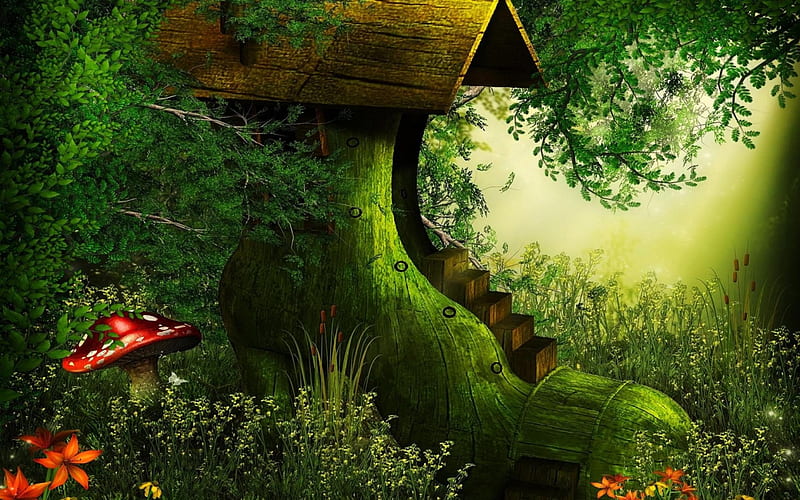 Fantasy house, red, forest, fantasy, house, luminos, green, mushroom, shoes, HD wallpaper