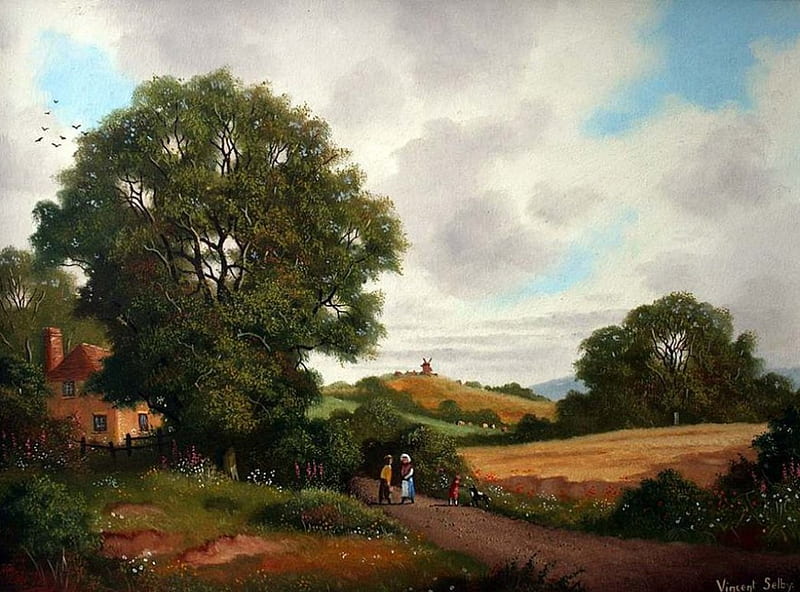 Vincent Selby, art, tree, painting, path, HD wallpaper Vincent Selby, art, tree, painting, path, HD wallpaper