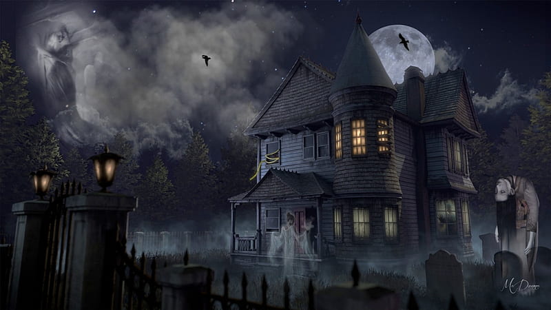 Haunted Halloween House, e stones, house, crows, haunted, grave stones, fog, spirits, mist, ravens, moon, ghosts, gothic, Halloween, HD wallpaper