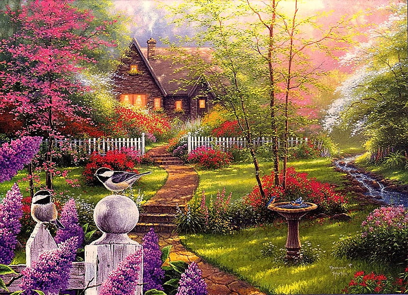 Secret garden cottage, by Abraham Hunter, Abraham Hunter, cottage, bird, flower, painting, garden, HD wallpaper