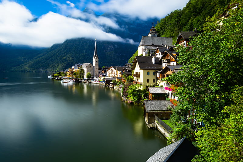 village, buildings, lake, mountain, clouds, HD wallpaper
