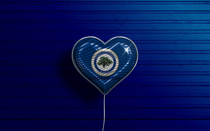 I Love North Charleston, South Carolina, realistic balloons, blue wooden background, american cities, flag of North Charleston, balloon with flag, North Charleston flag, North Charleston, US cities, HD wallpaper