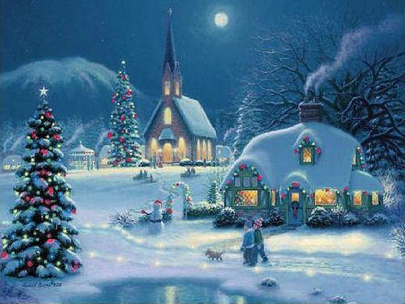 ★Blue Winter Holidays★, cottages, holidays, children, attractions in dreams, xmas and new year, greetings, paintings, churches, blue, moons, christmas, love four seasons, festivals, christmas trees, winter, cool, snow, sidewalk, HD wallpaper