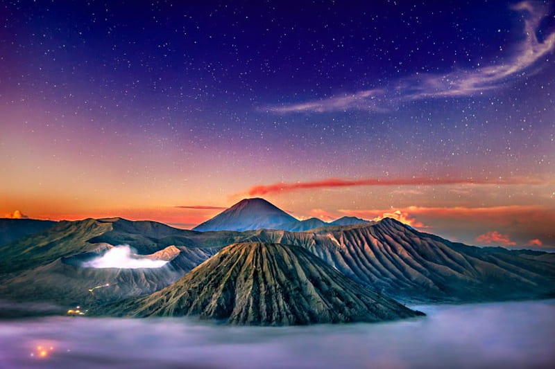 Mount Bromo, mountain, stars, cool, nature, fun, lake, HD wallpaper