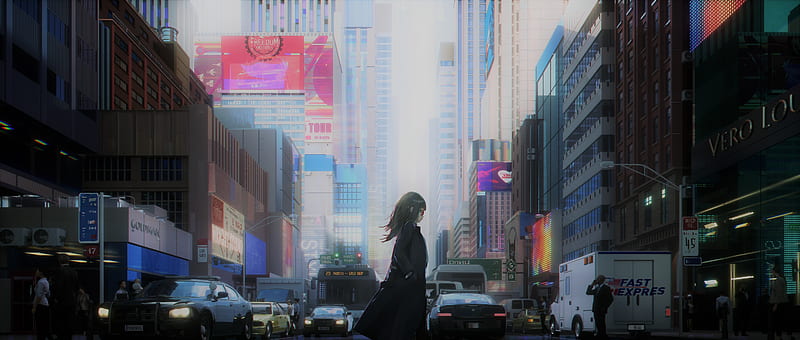 anime girl, walking, cityscape, urban, carros, glasses, buildings, Anime, HD wallpaper