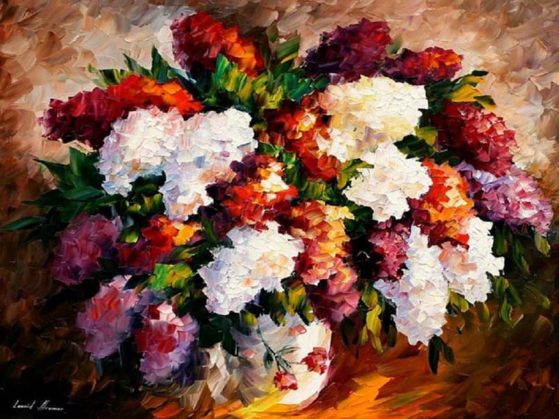 Pretty Lilacs, red, art, warm, flowers, Leonid Afremov, bonito, white, lilacs, HD wallpaper