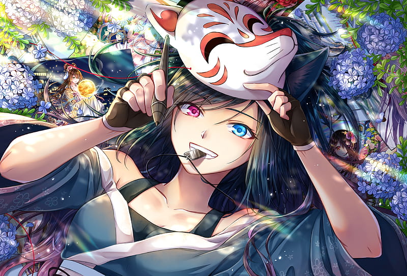 eyes, Pupil, anime girls, heterochromia, colorful, flowers