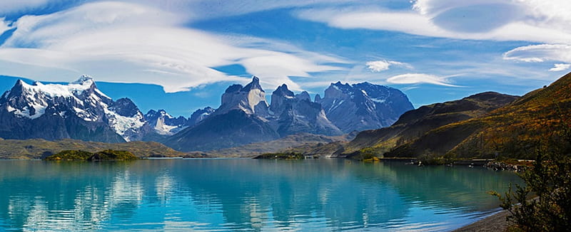 Pehoe Lake, Torres del Paine, bonito, clouds, lake, mountains, Chile, white, snowy peaks, blue, HD wallpaper
