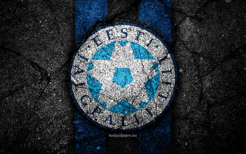 Estonian football team emblem, UEFA, Europe, football, asphalt texture, soccer, Estonia, European national football teams, Estonia national football team, HD wallpaper