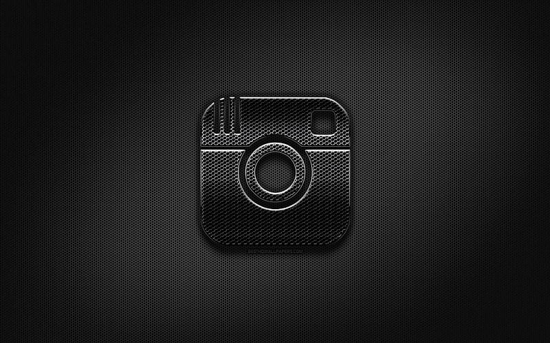 Instagram black logo, creative, metal grid background, Instagram logo, brands, Instagram, HD wallpaper