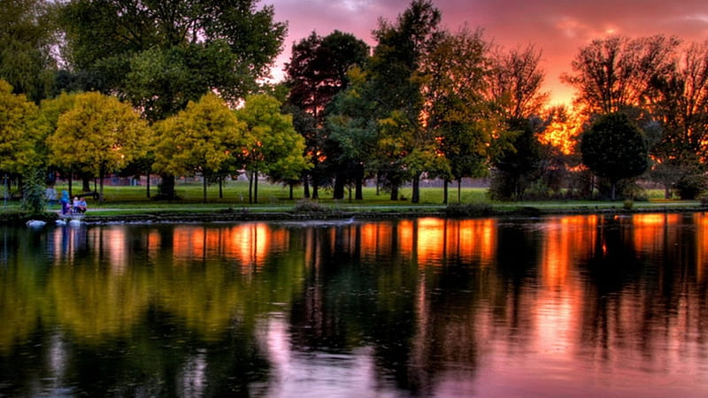 sunset on a lakeside park r, r, park, sunset, trees, lake, HD wallpaper