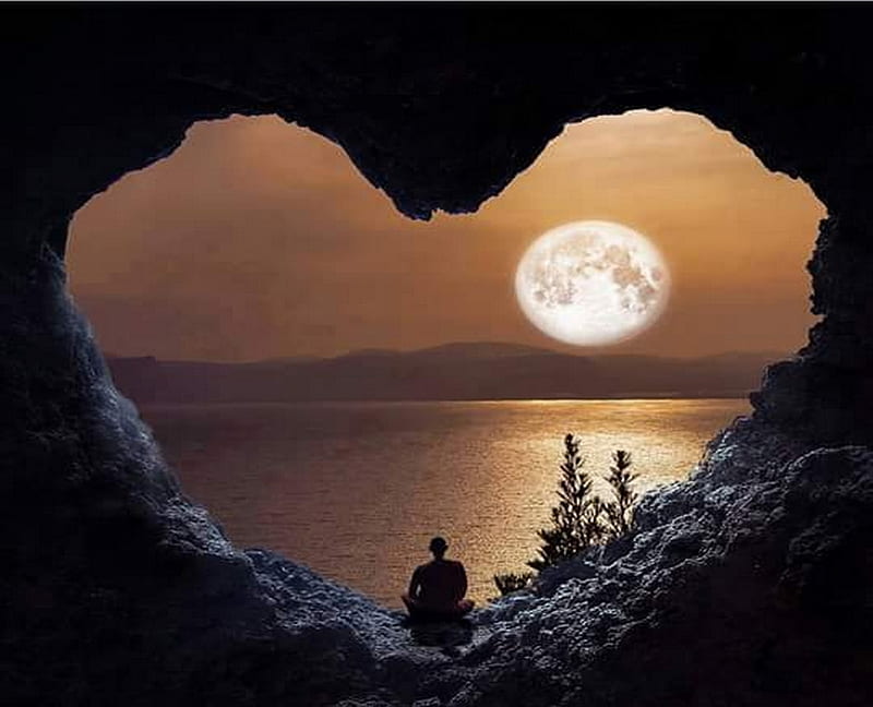 Cove, water, moon, evening, heart, HD wallpaper
