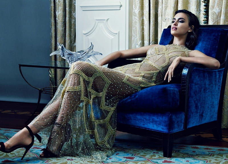 Irina Shayk, model, woman, girl, hot, chair, stilettos, shoes, blue, HD wallpaper