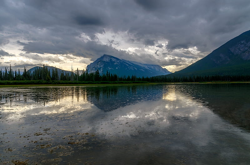 mountain, peak, lake, trees, reflection, HD wallpaper