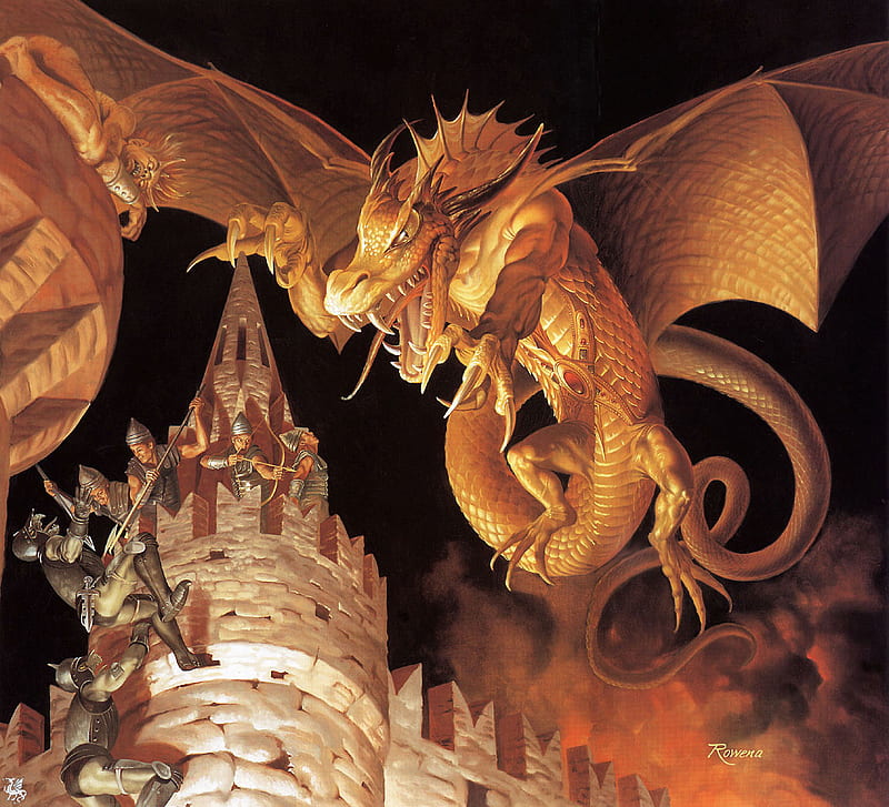 Rowena Morrill 'Golden Dragon', art, fantasy, rowena morrill, golden, dragon, castle, knight, HD wallpaper
