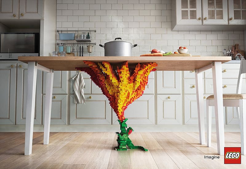 :), lego, adds, add, dragon, funny, commercial, fire, table, kitchen, fantasy, HD wallpaper