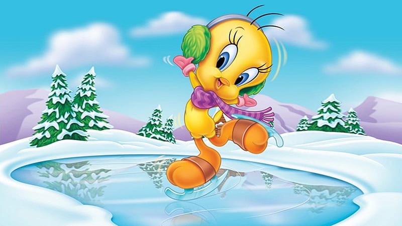 Tweety bird, looney tunes, yellow, lake, winter, cute, animation, ice, blue, HD wallpaper