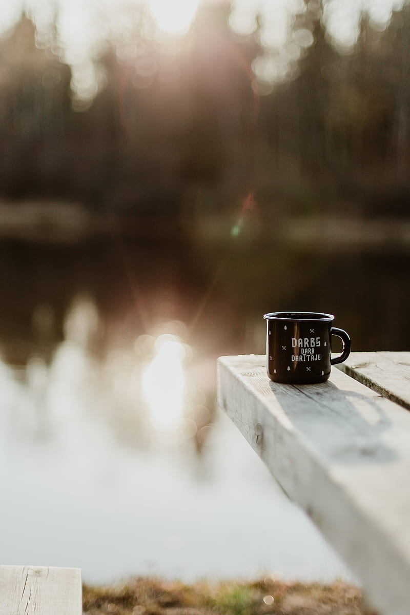 mug, pier, lake, sunlight, glare, blur, HD phone wallpaper