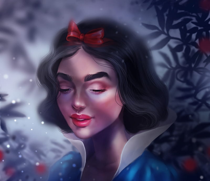 Snow White, red, art, luminos, sandrawinther, bow, fantasy, girl, portrait, blue, HD wallpaper