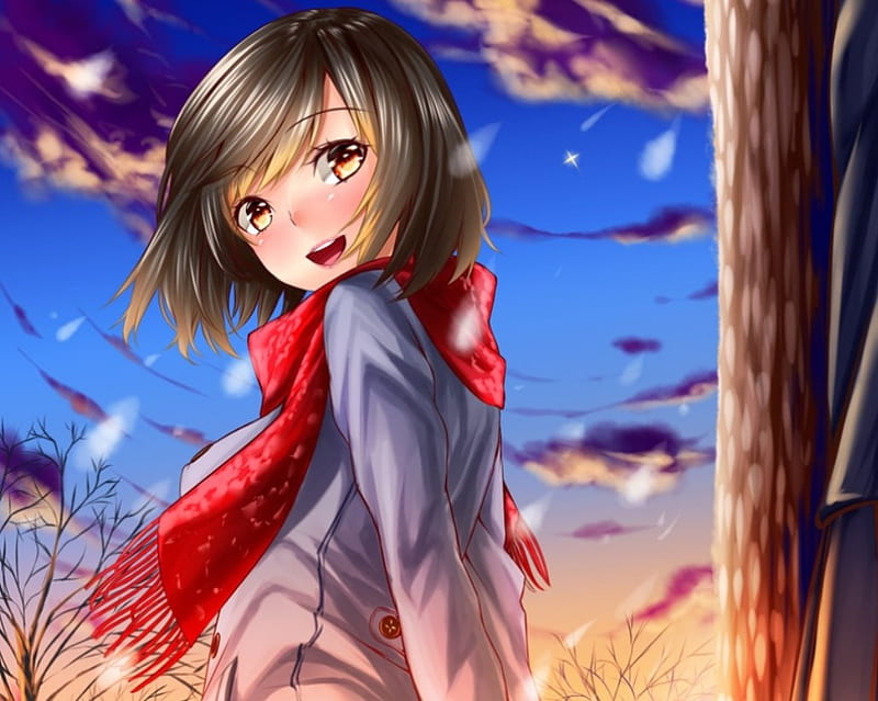 Happy Smile :), female, cloud, brown hair, wind, breeze, smile, yellow eyes, sky, happy, cute, short hair, girl, windy, anime, anime girl, HD wallpaper