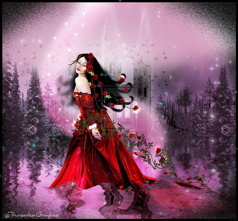 ~Neon Roses~, pretty, clouds, women, fantasy, splendor, manipulation, flowers, face, lovely, models, birds, sky, lips, trees, cool, starlight, eyes, red, colorful, dress, bonito, digital art, hair, people, neon, girls, light, animals, female, colors, butterflies, roses, plants, reflections, HD wallpaper
