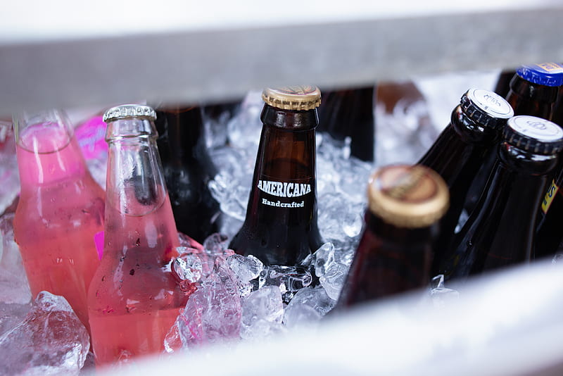 clear labeled bottles in cooler box, HD wallpaper