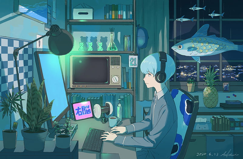 anime boy, aqua hair, profile view, headphones, computer, smiling, Anime, HD wallpaper