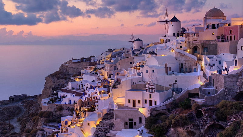 superb greek island town at sunset, sunset, cliff, windmills, town, HD wallpaper