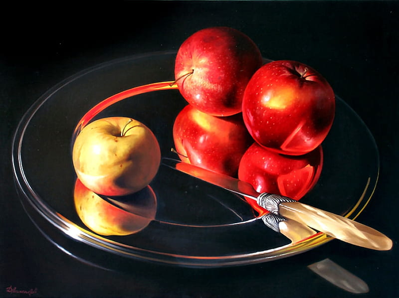 Apples on Silver Platter, art, apples, bonito, silver, artwork, fruit, still life, platter, painting, HD wallpaper