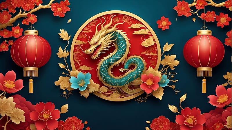 Zodiac - Dragon, red, flower, golden, blue, fantasy, zodiac, dragon, HD wallpaper