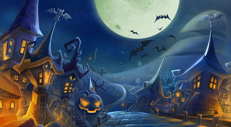 Spooky night, halloween, samhain, all hallows eve, abstract, digital art, holidays, moon, spooky, pumpkin, night, HD wallpaper